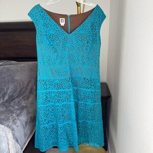 Anne Klein Turquoise and Chocolate V-Neck Lace Dress - Size 14